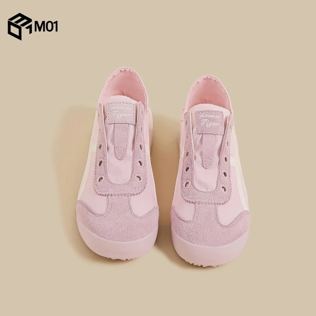 M01一脚蹬德训鞋女秋季新款小白鞋粉色绸缎透气芭蕾休闲运动板鞋