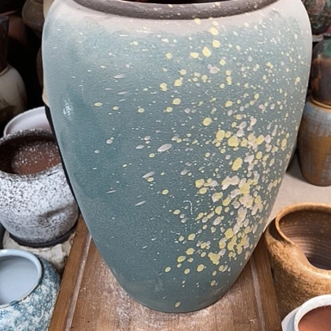 紫砂花盆口21高度41绿泼墨瑕疵