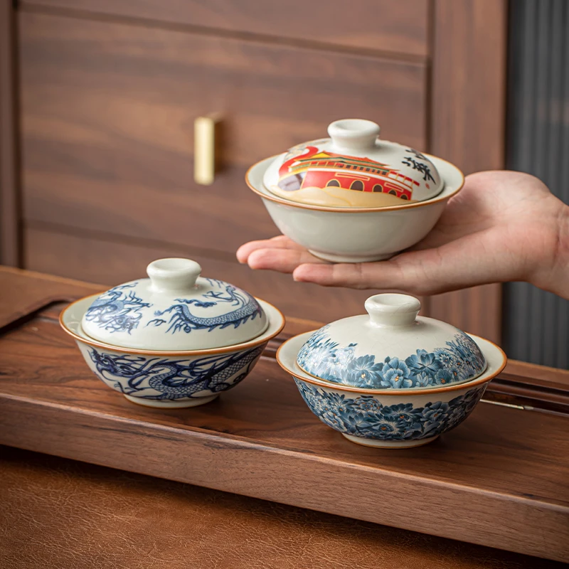 汝窑中华盛世烟灰缸带盖创意家用客厅办公室中式陶瓷防飞灰烟灰缸