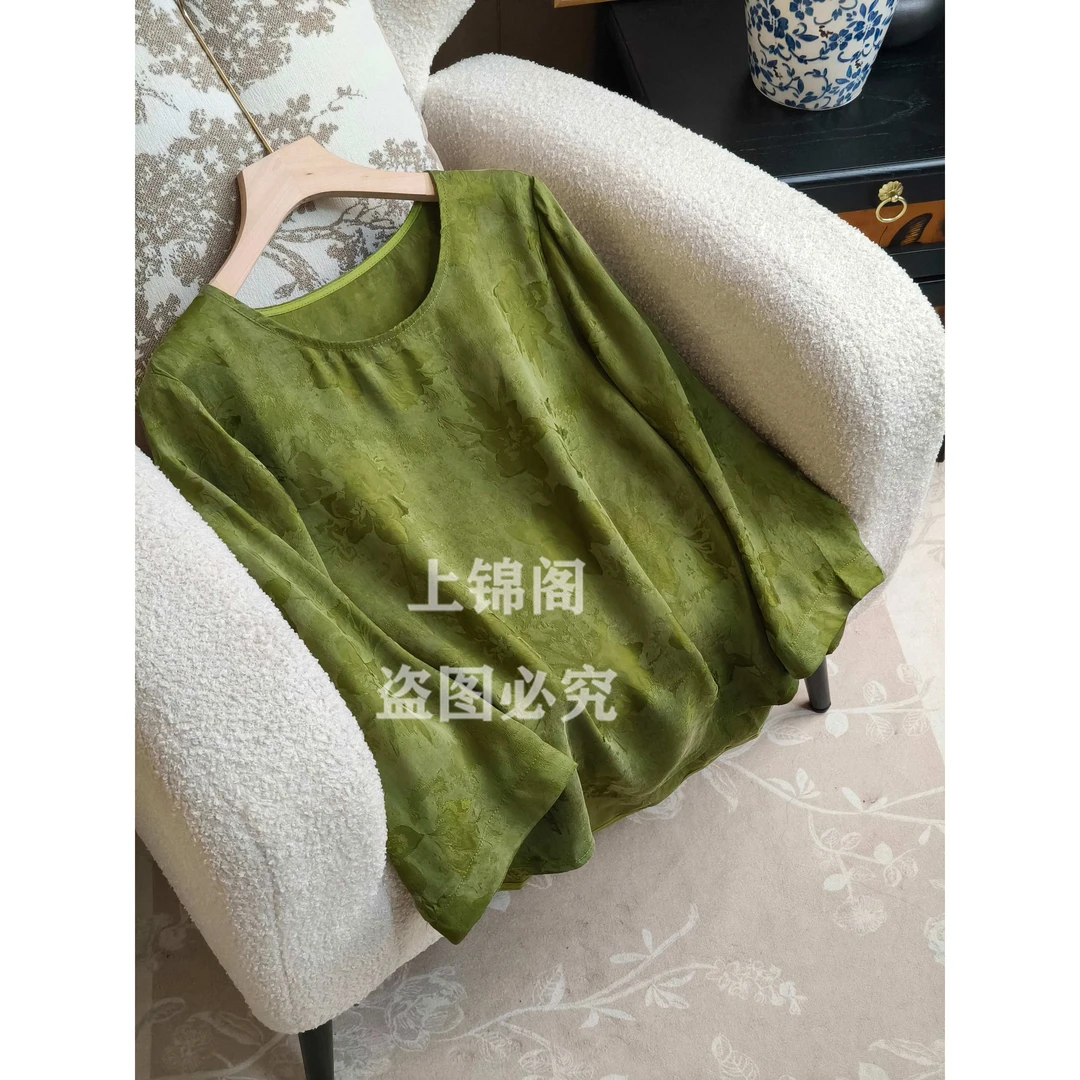 536新中式圆领绿色长袖上衣夏季国风宽松百搭时尚复古套头女装