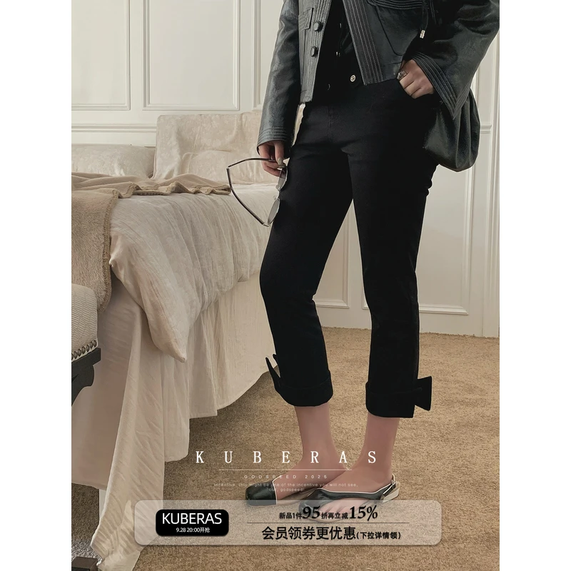 KUBERAS 修身显瘦蚂蚁腿视觉九分裤翻边弹力长裤铅笔裤百搭休闲裤