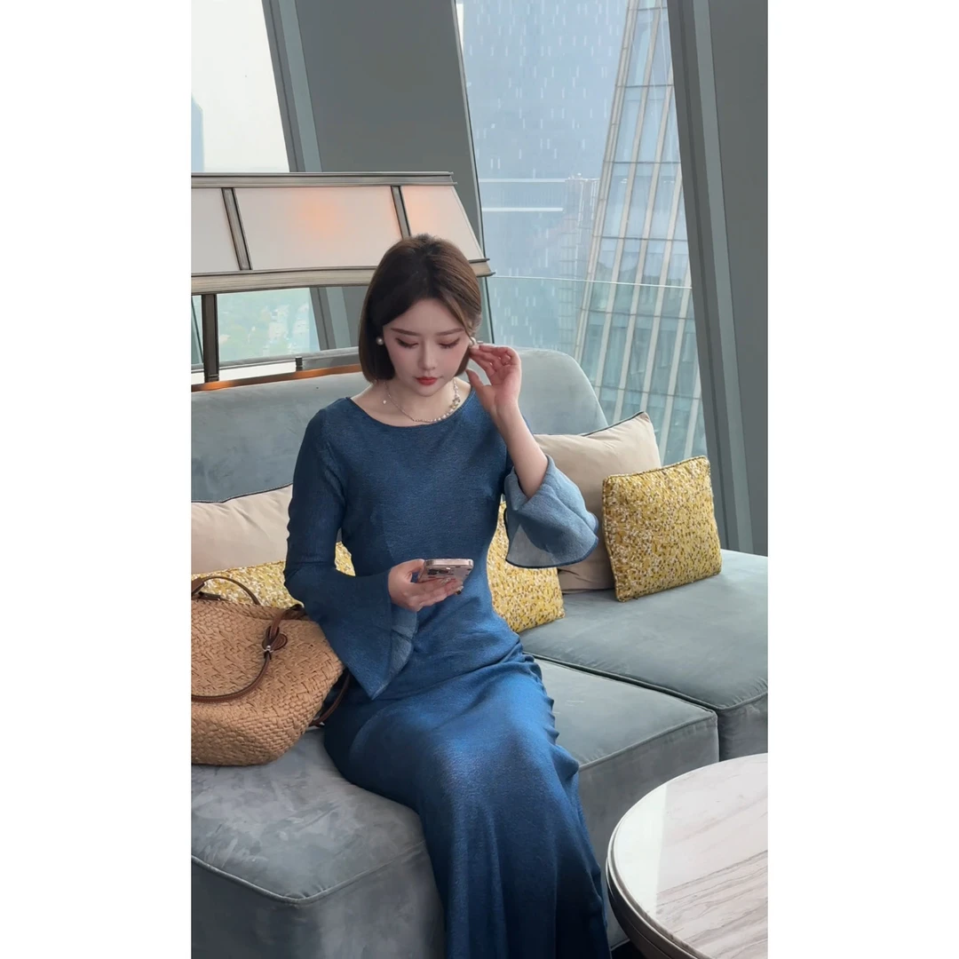 高端蓝色长袖上流社会连衣裙女裙子长裙