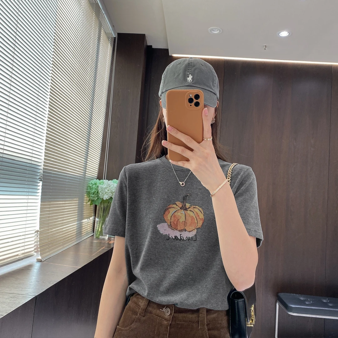 IMFLY金小金自制女装 T恤DYW9733早秋韩系简约南瓜印花圆领T恤