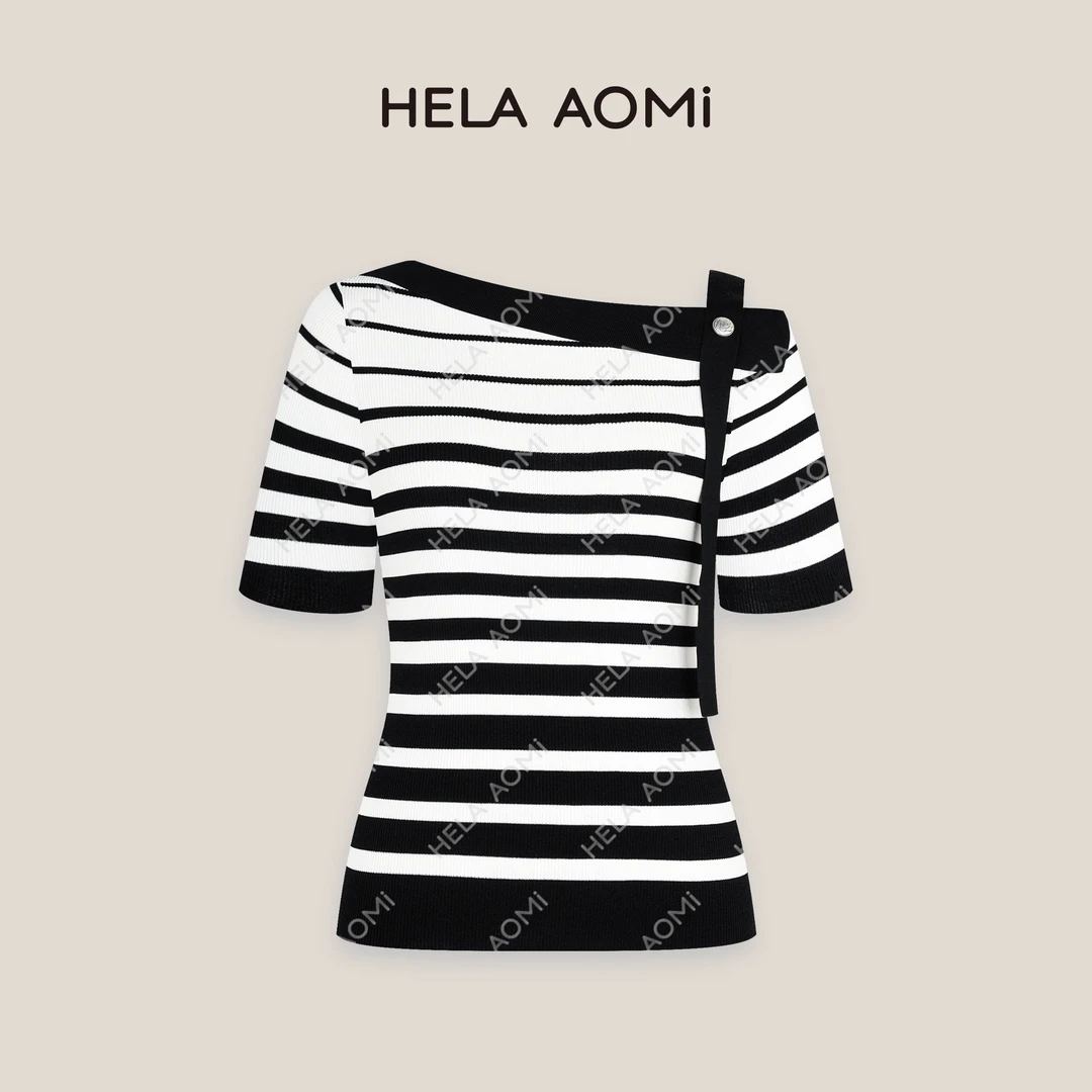 HELAAOMI“法式香肩”修身设计感T恤通勤显瘦针织上衣CY5BM32549