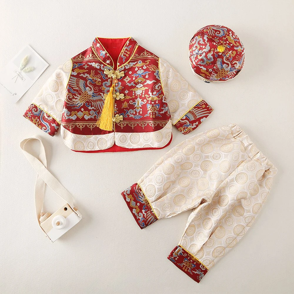 礼服宝宝中式周岁婴儿抓周百天套装喜庆男童唐装汉服生日冠衣