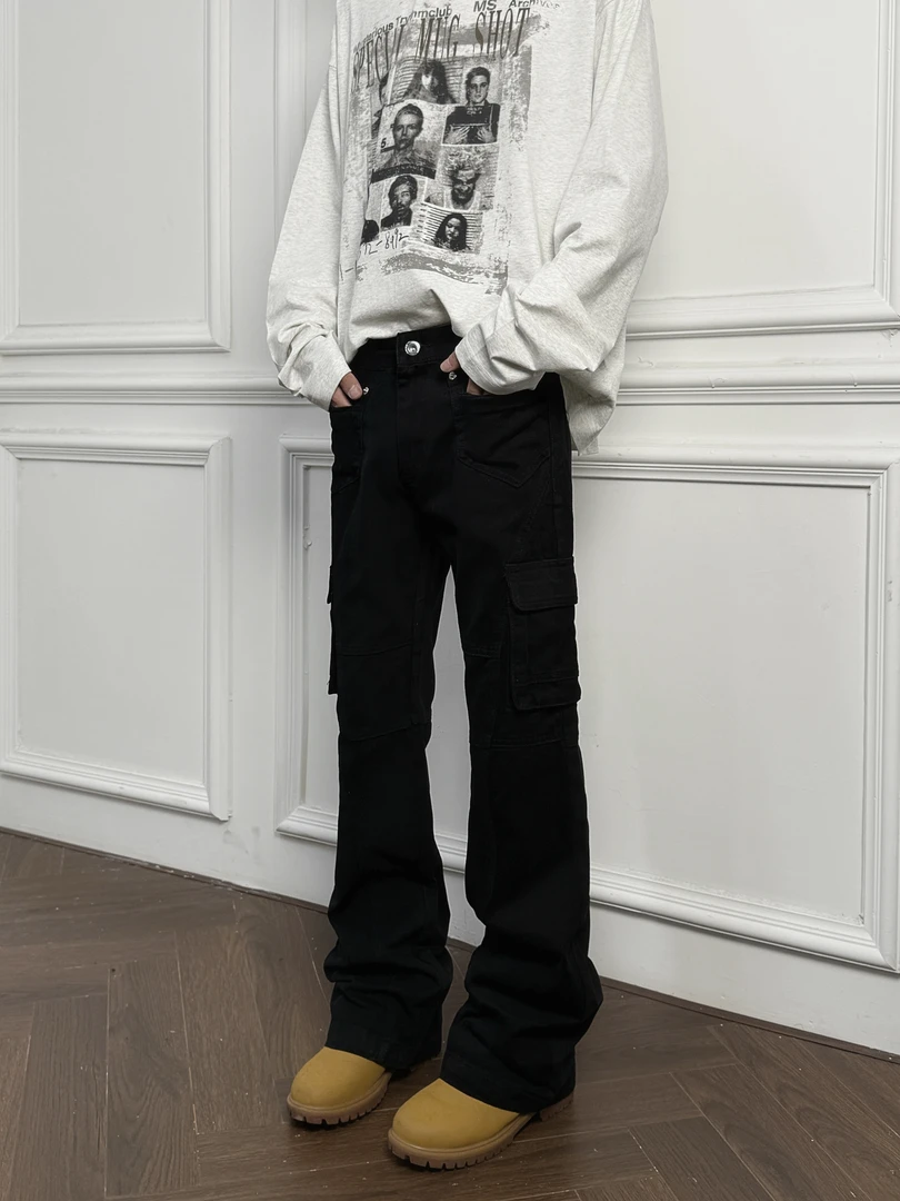 ZLAYCO黑色微喇工装裤男女修身显瘦美式复古cleanfit休闲裤长裤