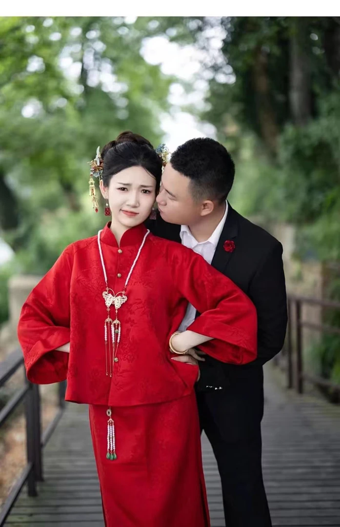 新中式敬酒服红色长袖结婚订婚旗袍裙女回门礼服套装订婚礼服女