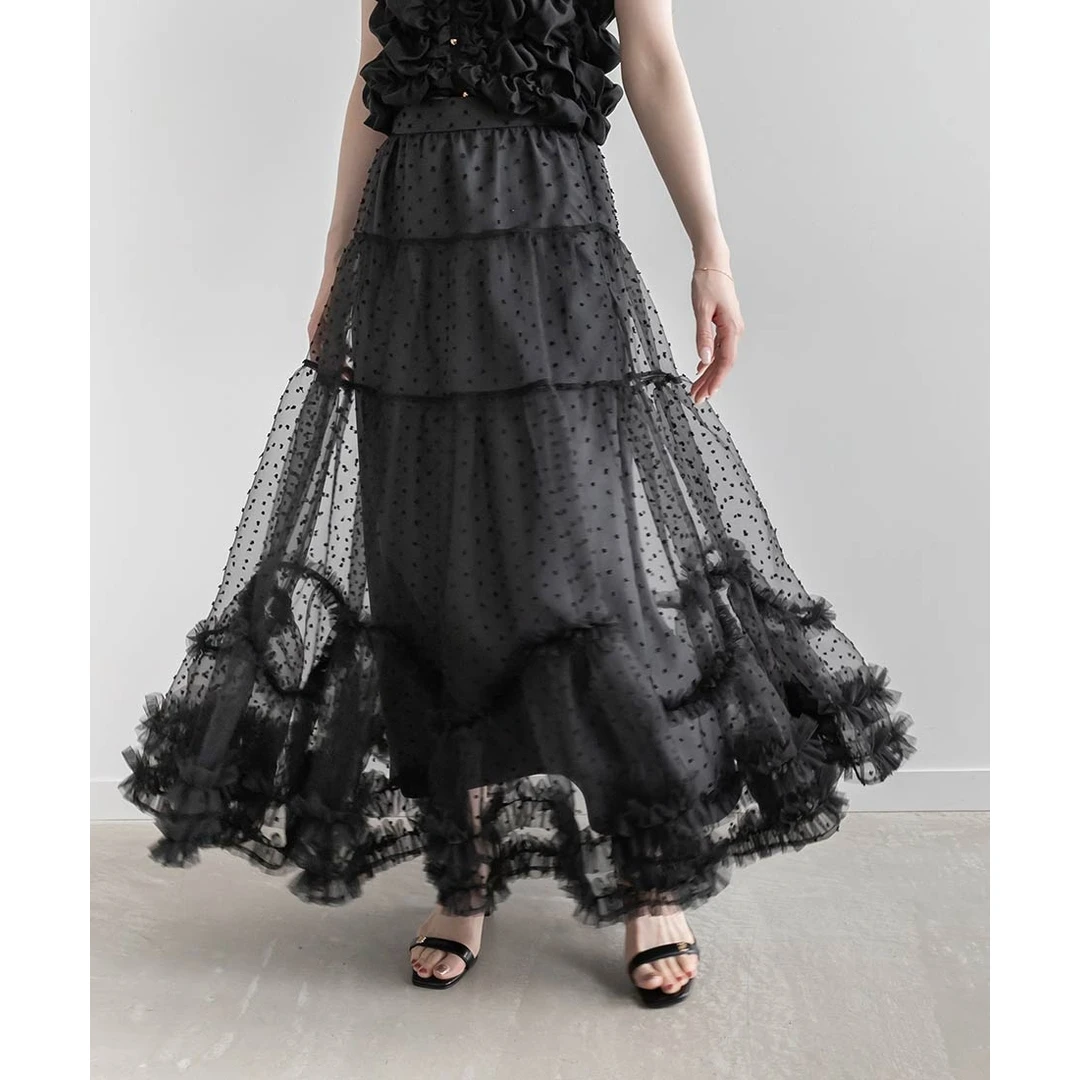 【MonTendre】R 夏季新款 日系温柔知性风透气薄纱荷叶边层叠半身裙