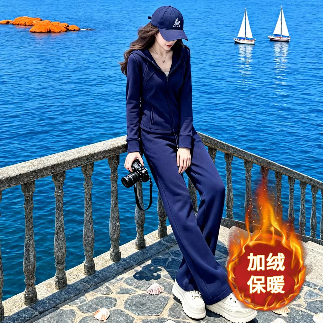 2025秋冬新款加绒加厚休闲运动套装女穿搭一整套高级感简单两件套