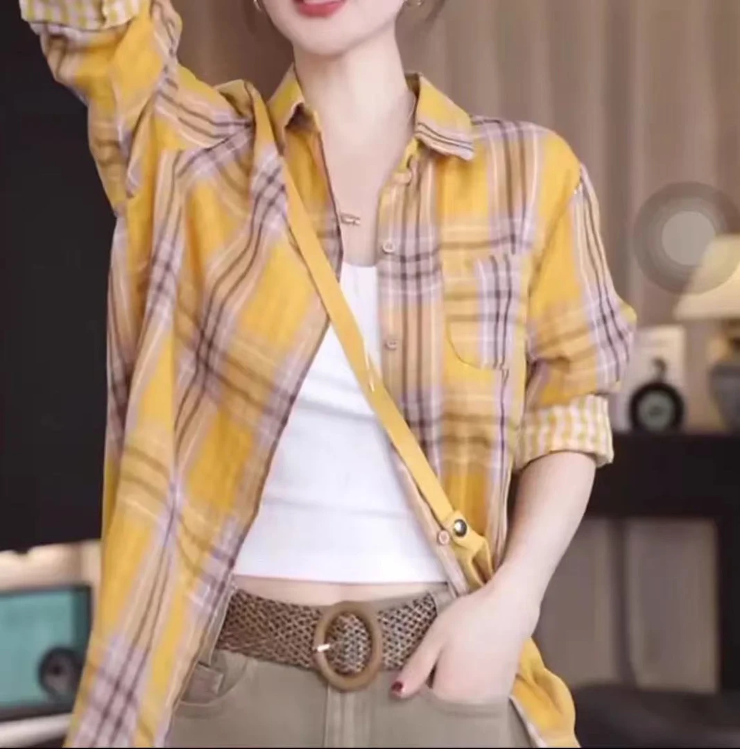 复古格子印花衬衫百搭韩版单面衬衣2025春夏新款高级感上衣