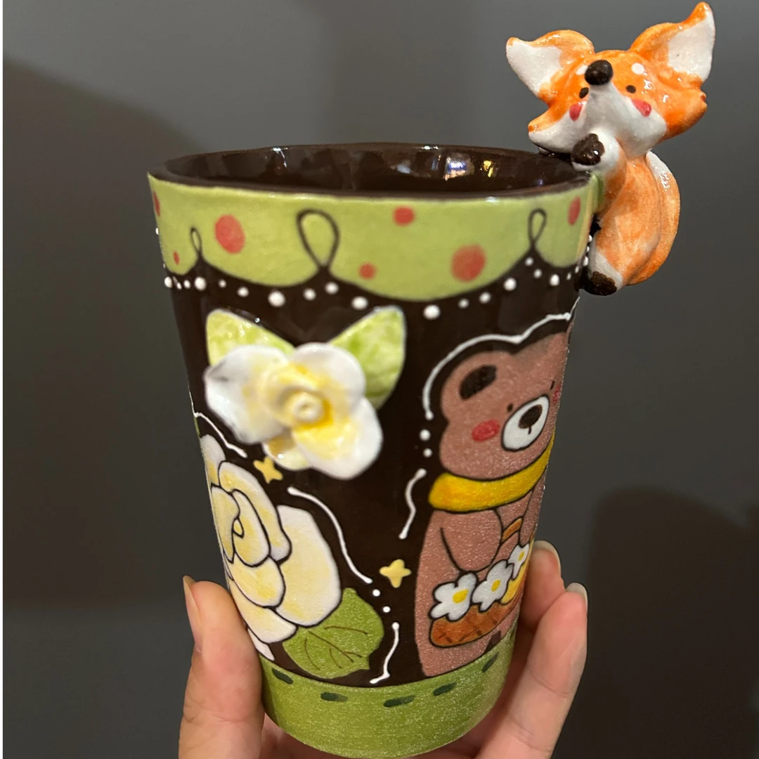编号265-4三只熊萌萌狐狸紫砂手握杯马克杯