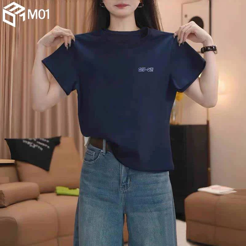 M01藏青正肩纯棉短袖t恤女装小众时尚百搭洋气显瘦上衣基础款夏季