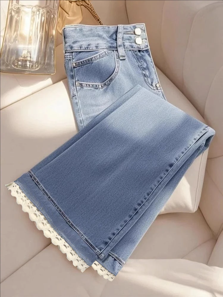 小香风蓝色牛仔阔腿裤女2025春季爆款时尚高腰显瘦微喇休闲长裤子