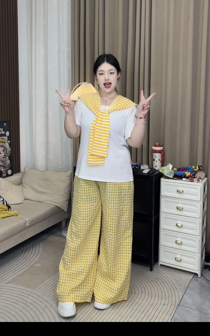 长裤休闲风阔腿裤休闲裤直筒夏装针织格纹气质三件套