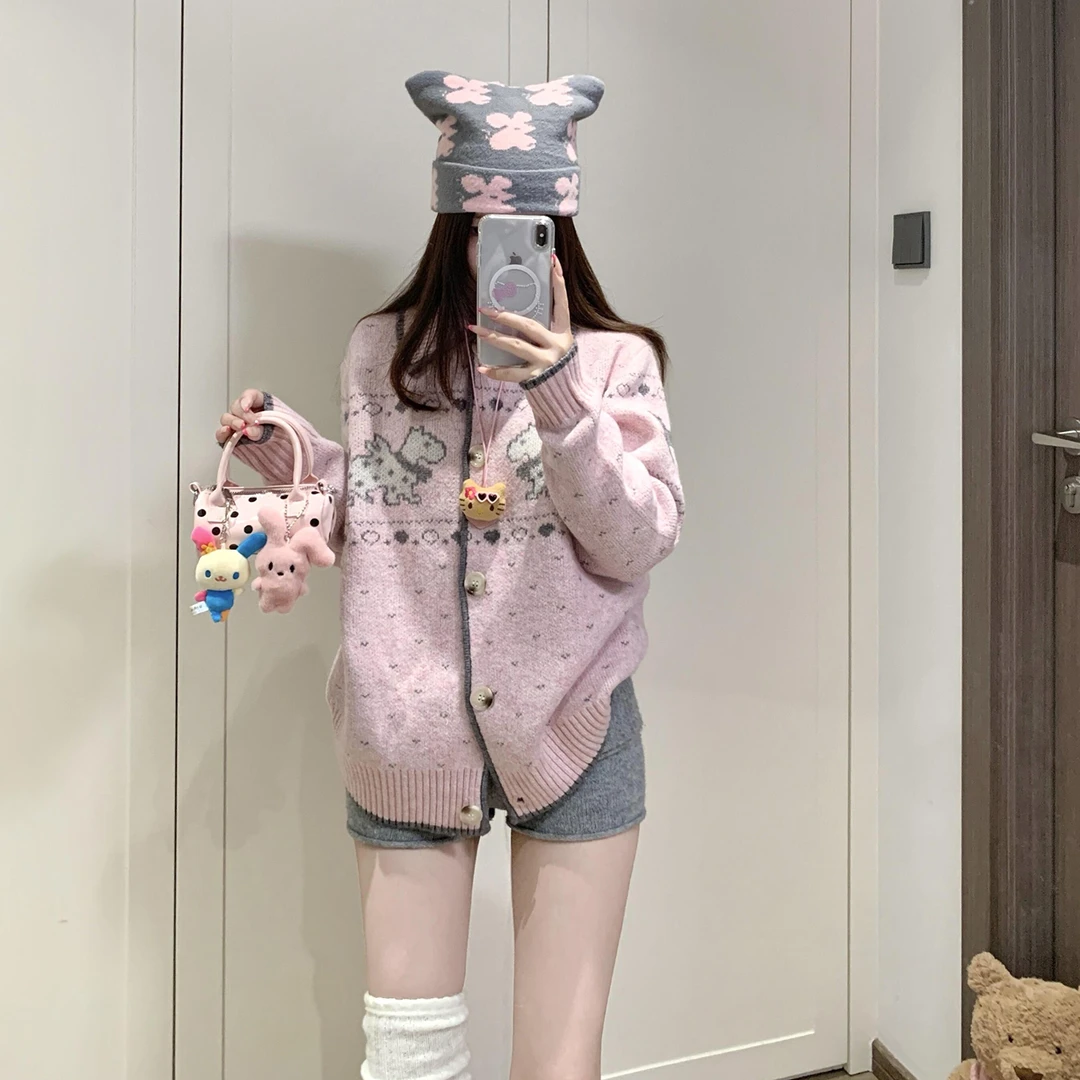 时髦毛衣慵懒高级感宽松针织开衫外套女装秋冬季2025新款粉色上衣