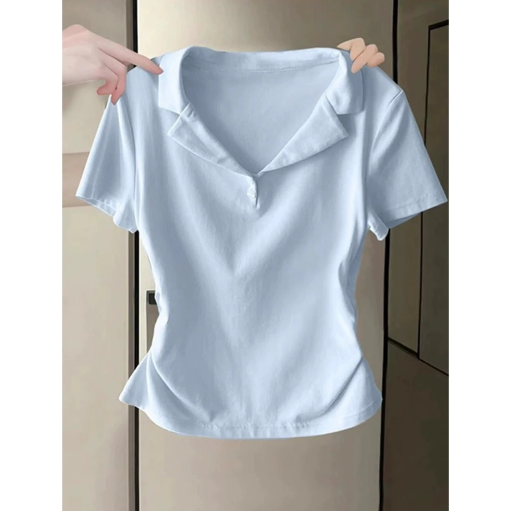 奶蓝色正肩t恤女短袖夏季设计感修身短款辣妹褶皱收腰Polo领上衣