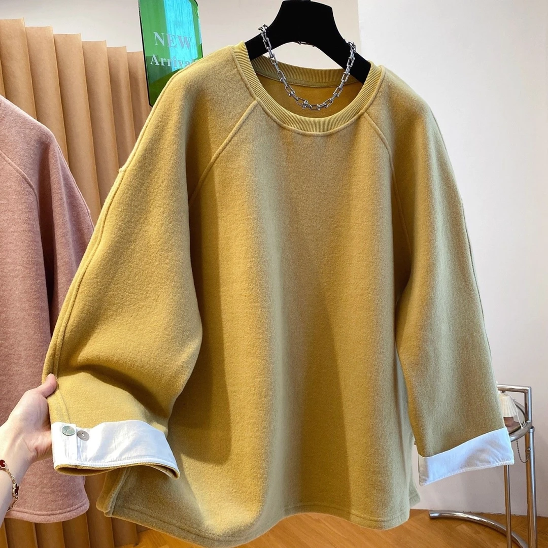 加厚加绒慵懒风德绒圆领卫衣女秋冬季设计感洋气时尚宽松保暖上衣