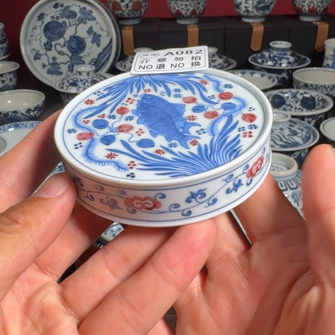 摆件柴窑青花釉里红鱼藻