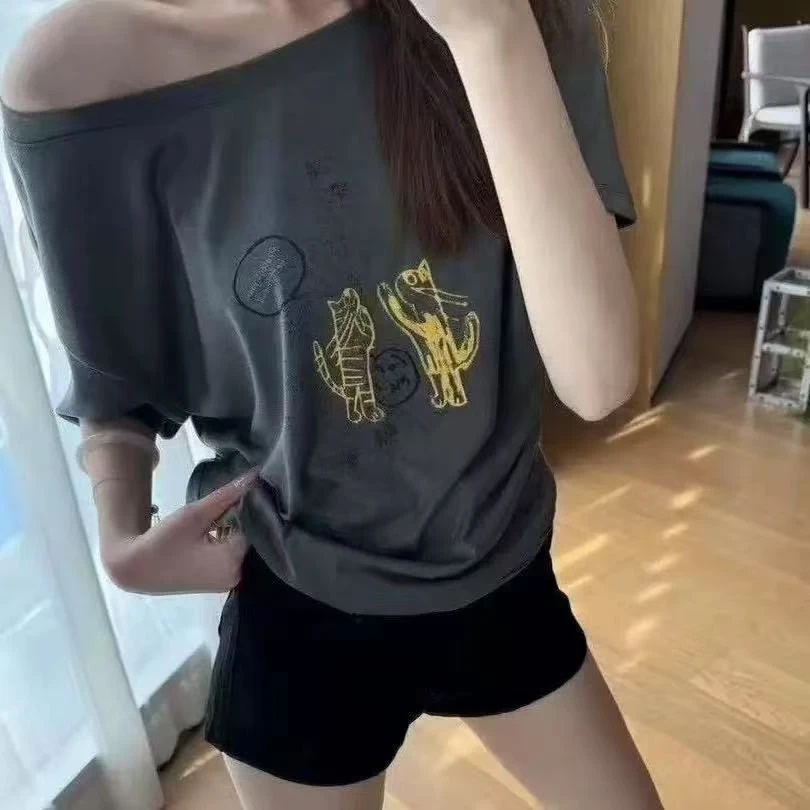 【Z】625/732289/129-9 字母印花短袖T恤韩版一字肩时尚百搭