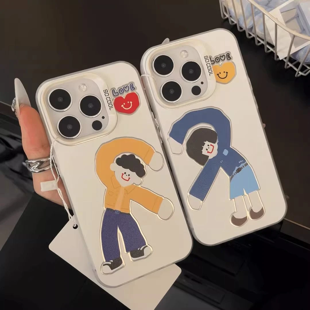 比心情侣适用iPhone15苹果14彩银手机壳VIVO小米OPPO华为大孔彩银