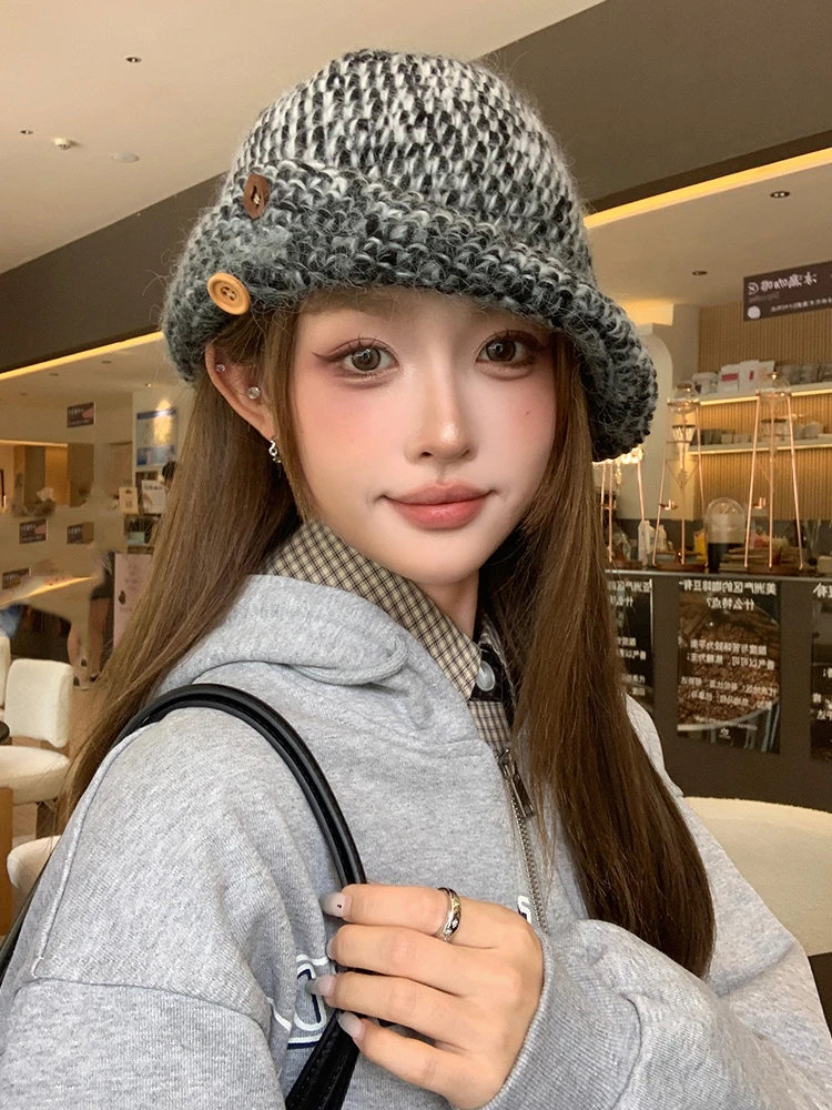 纽扣针织渔夫帽女秋冬季韩版百搭显脸小包头帽大头围保暖毛线帽子