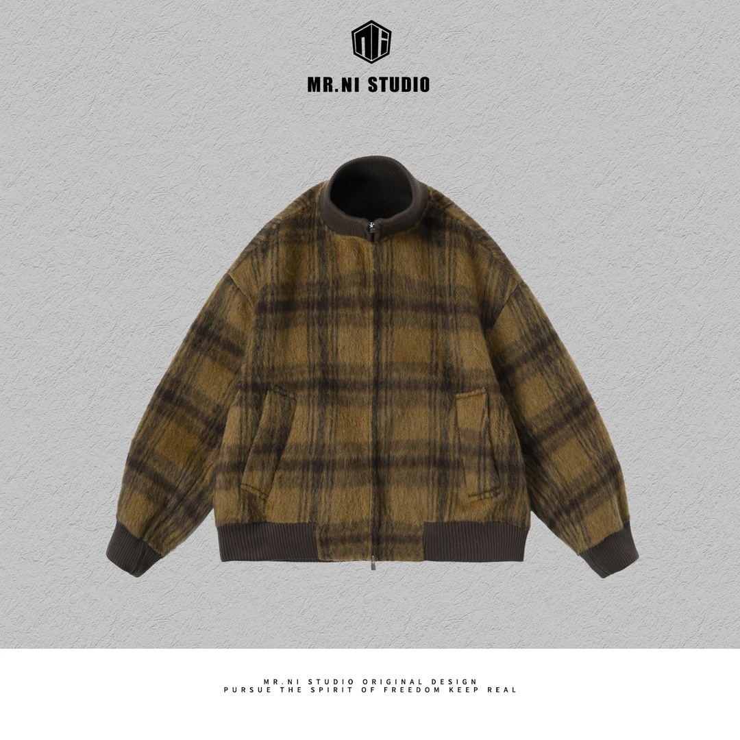 MR.NI/倪先生「时光机」复古缪系格纹大地色绵羊毛羊驼绒大衣
