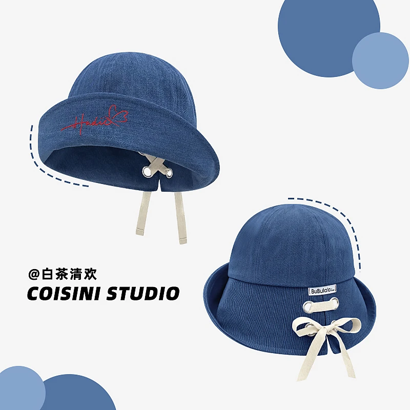 日系字母翻檐牛仔渔夫帽女春夏大帽檐遮阳帽复古做旧盆帽时尚百搭