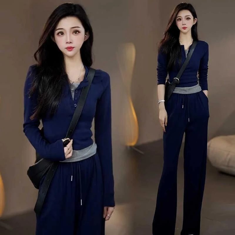 休闲运动套装女2025秋季新款气质减龄V领假两件上衣阔腿裤两件套