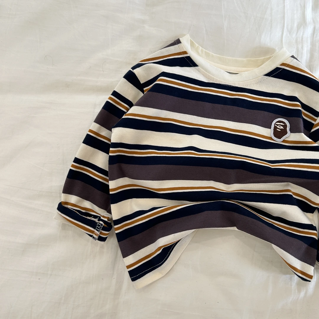 AINI儿童韩系条纹撞色长袖T恤中大童装宽松棉质春秋洋气圆领上衣
