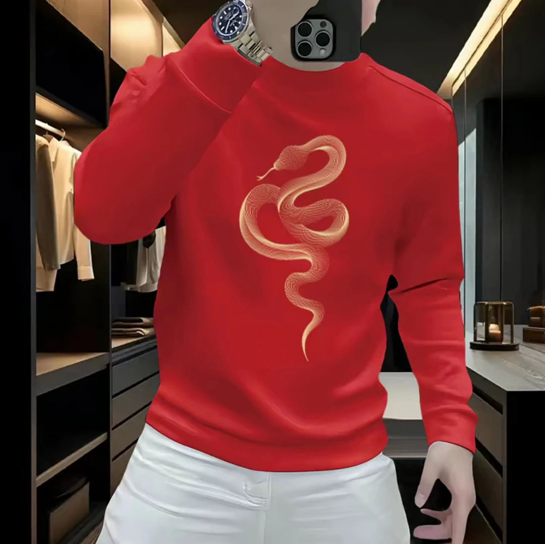 2025蛇年本命年红色男士卫衣休闲打底衫加绒上衣百搭圆领长袖卫衣