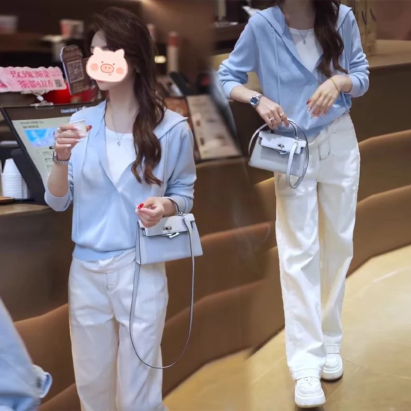 2025春季穿搭一整套女撞色假两件针织衫上衣+牛仔阔腿裤两件套