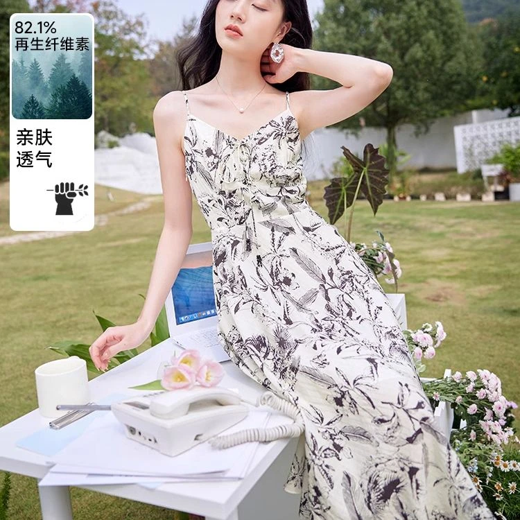 Q841016连衣裙 香影碎花吊带连衣裙女春季新款度假高