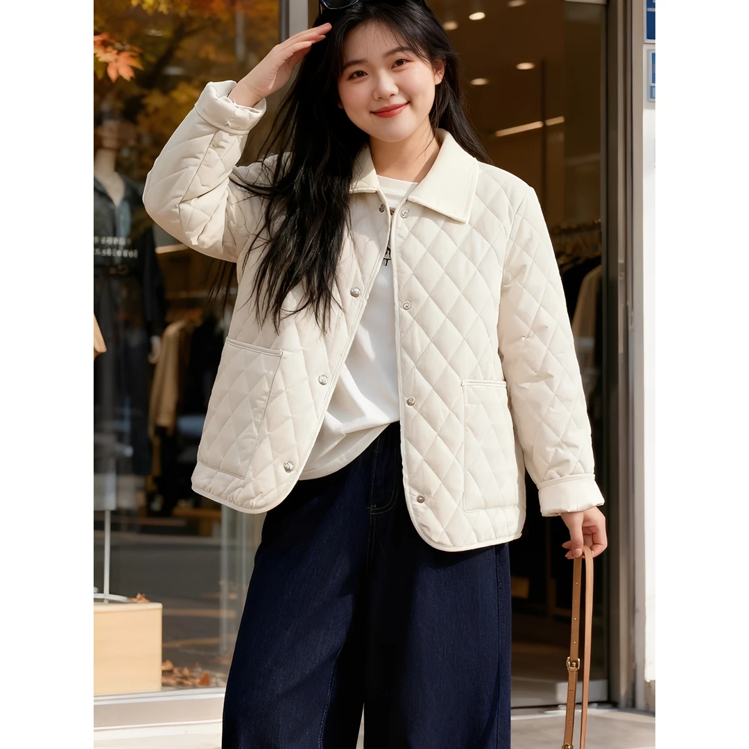 大码女装 胸114-138翻领菱格薄款棉服1058#