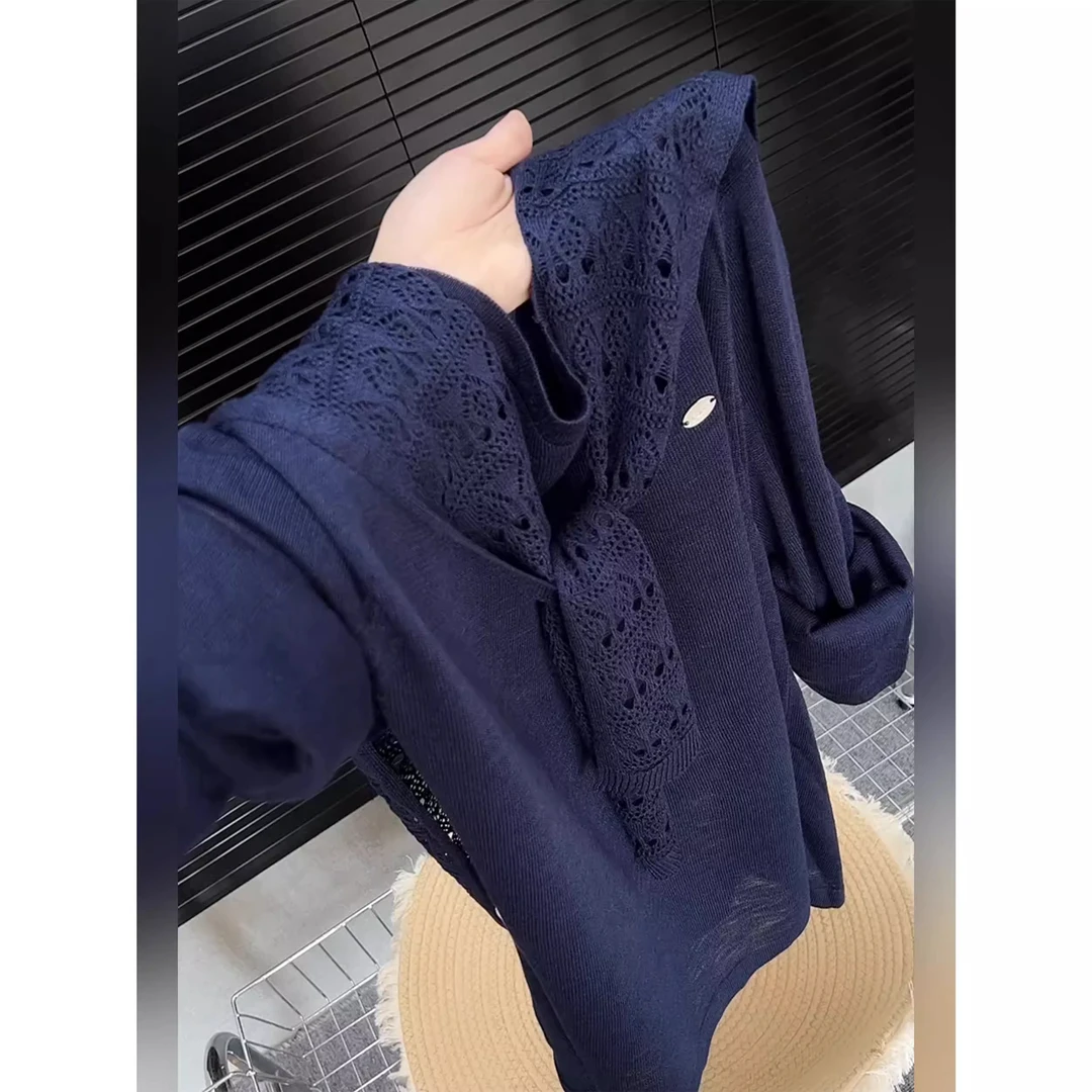藏青色蕾丝镂空披肩毛衣女设计感早秋新款长袖针织衫百搭小众上衣