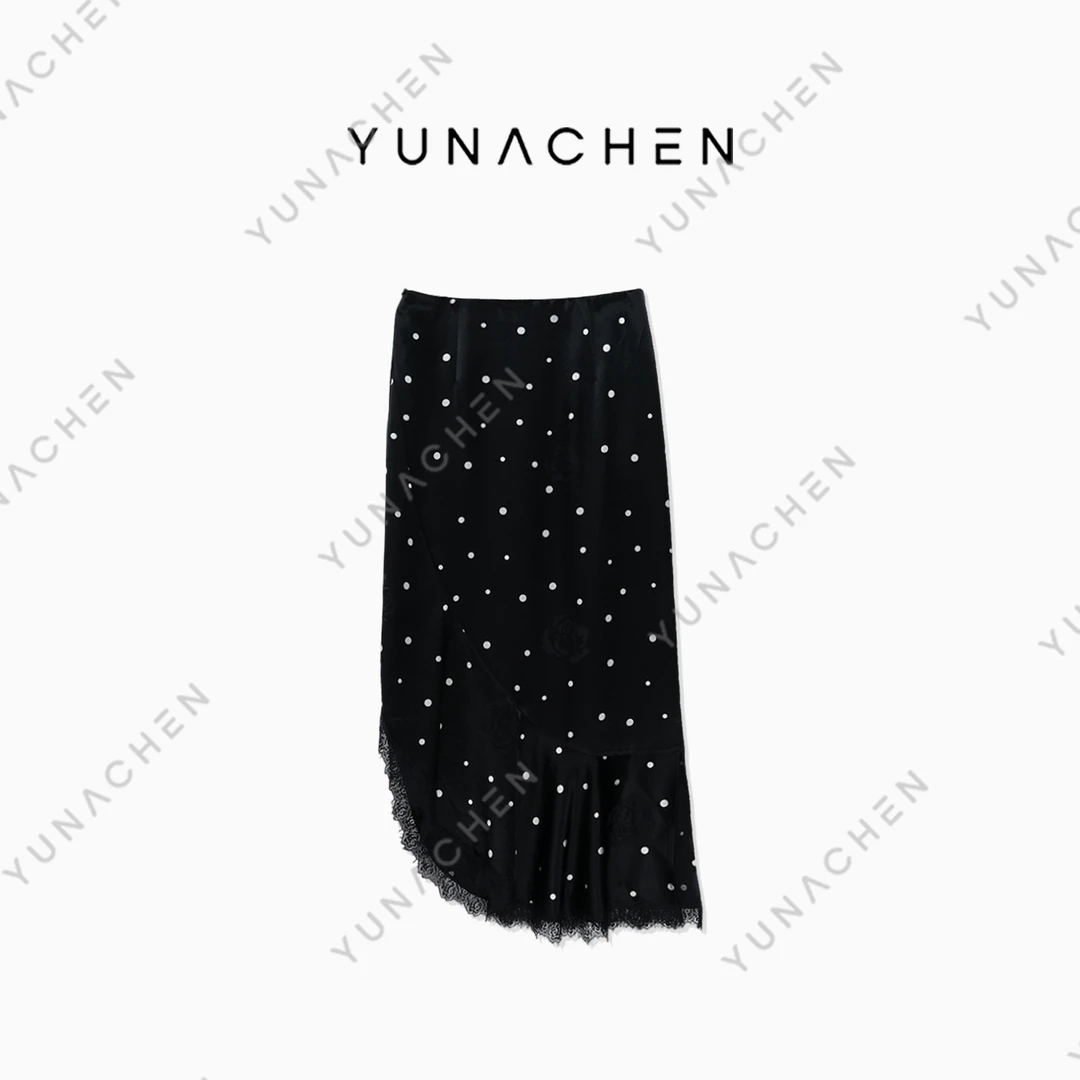 菠萝宝宝yuna【玫瑰】YC22黑色蕾丝波点烧花薄纱莱赛尔斜尾半身长裙