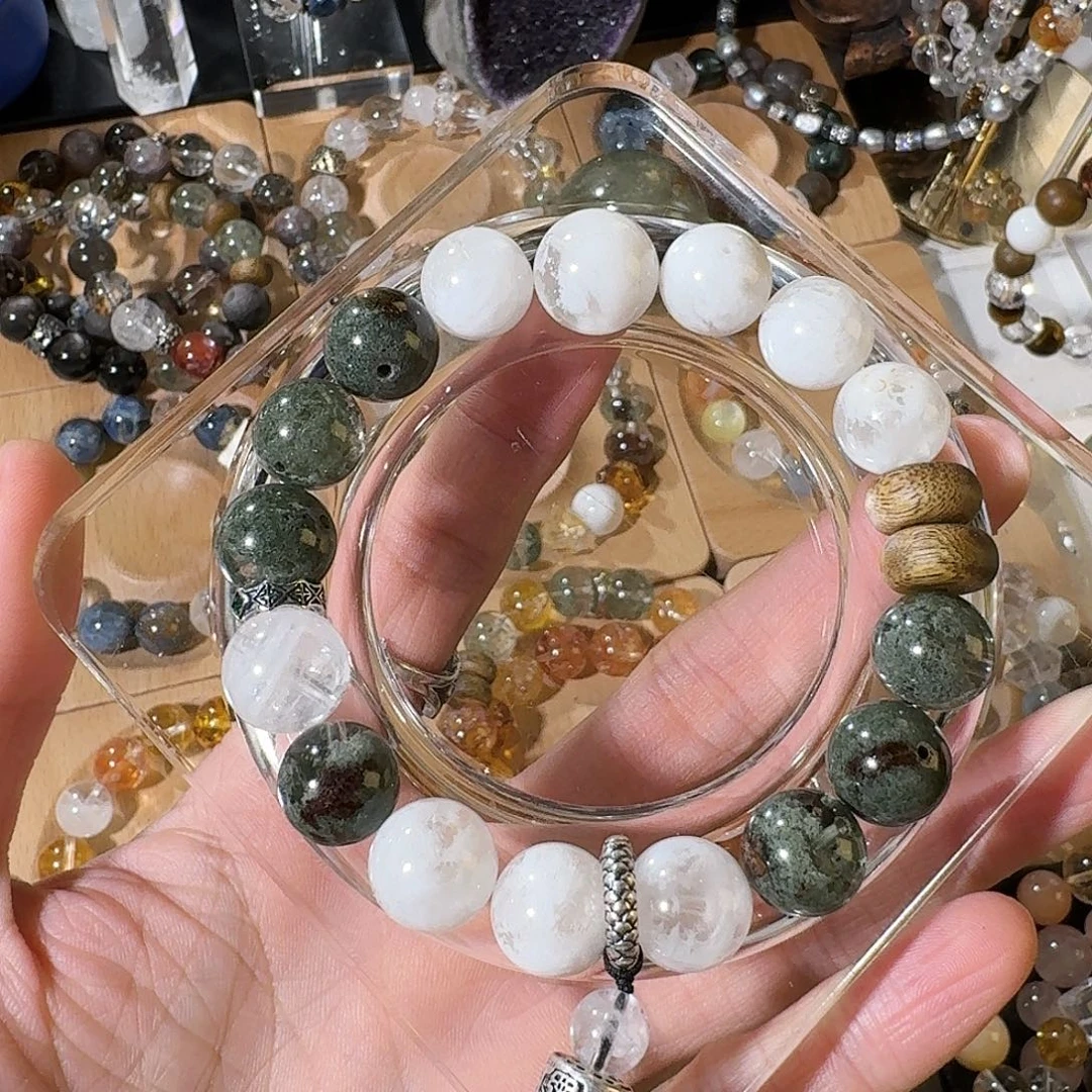 水晶手链银S925镶嵌白幽灵绿幽灵12mm+