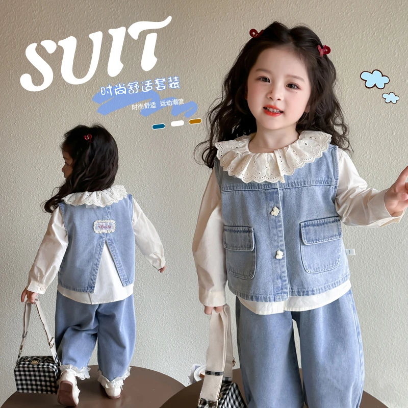 女童套装春款2025新款洋气儿童牛仔马甲三件套女宝宝春季韩版衣服