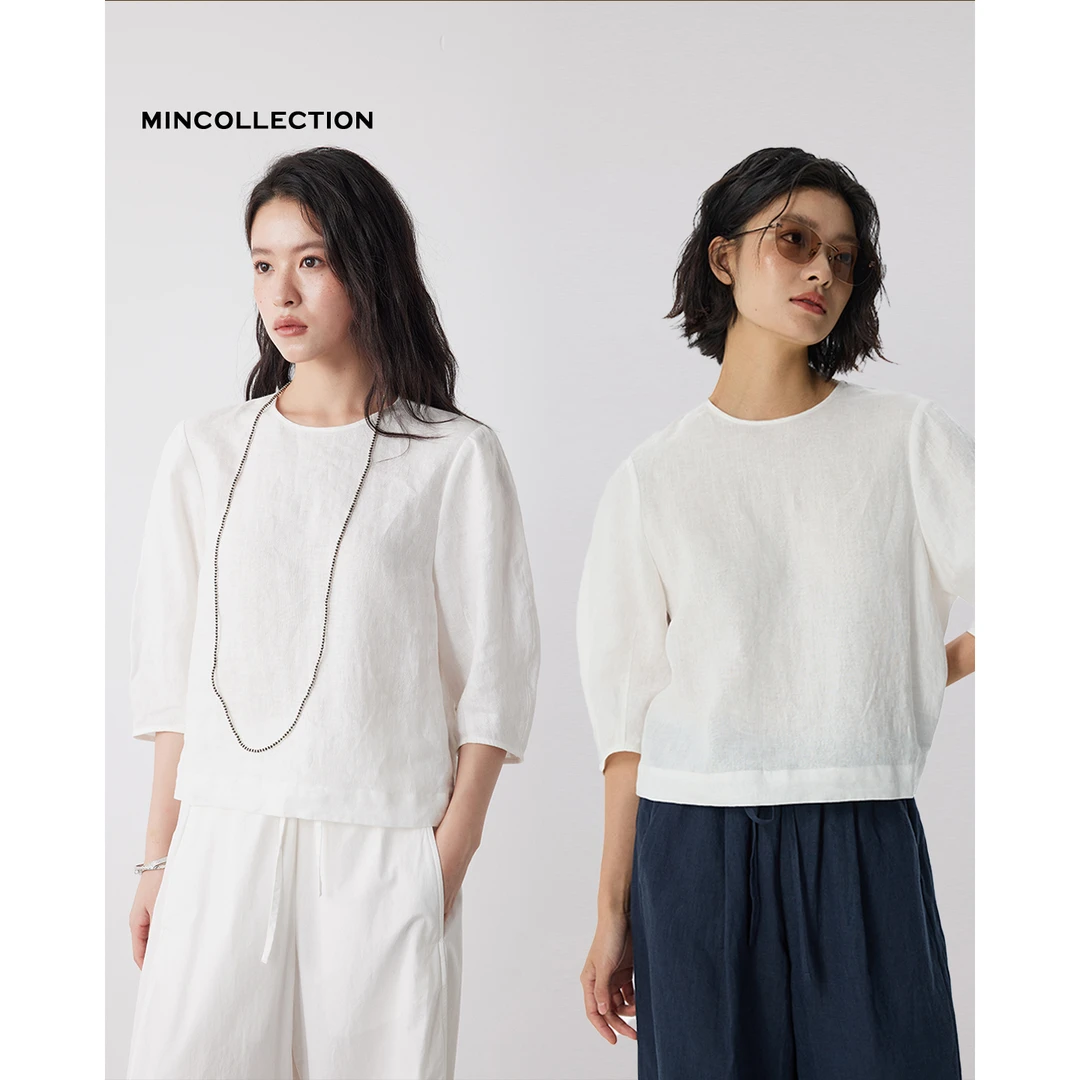 弧袖小衫/细支全亚麻廓形袖笼圆领休闲衬衫55445