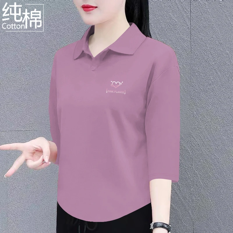 纯棉七分袖t恤女夏季新款翻领百搭宽松显瘦时尚洋polo领上衣