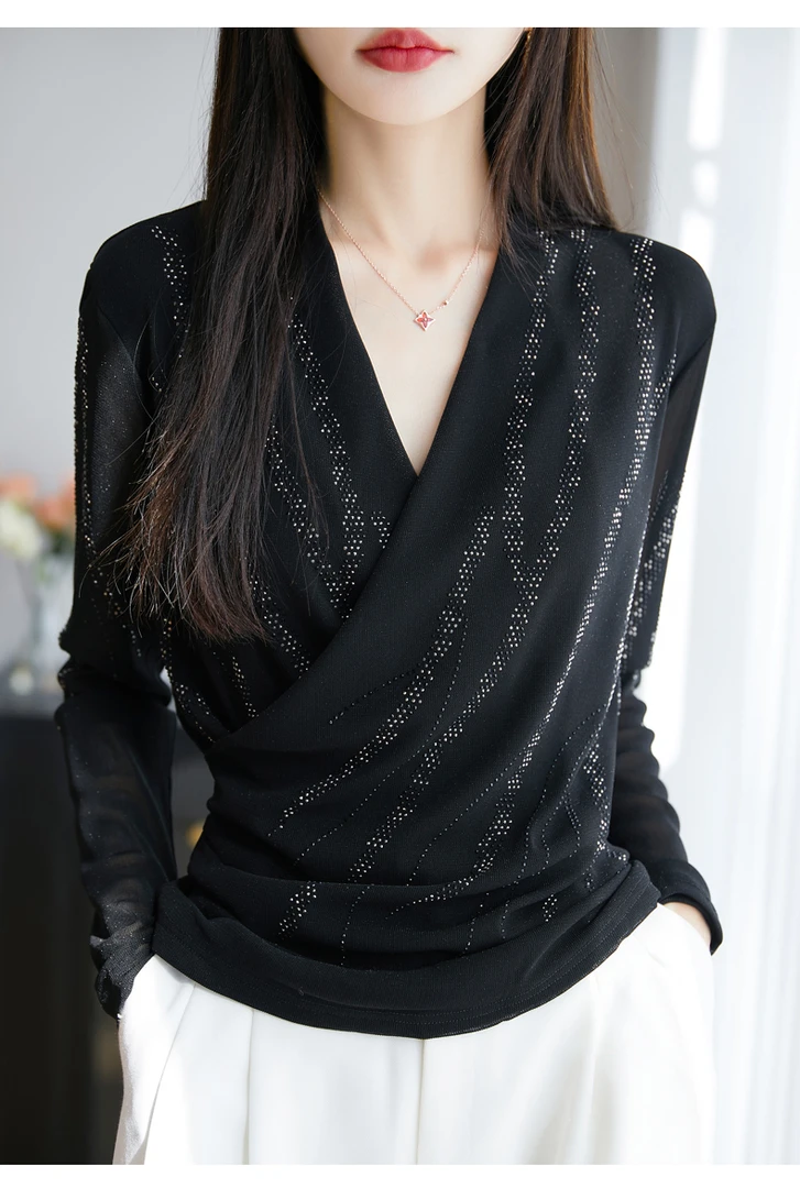 重工烫钻网纱 法式交叉V领轻熟风上衣