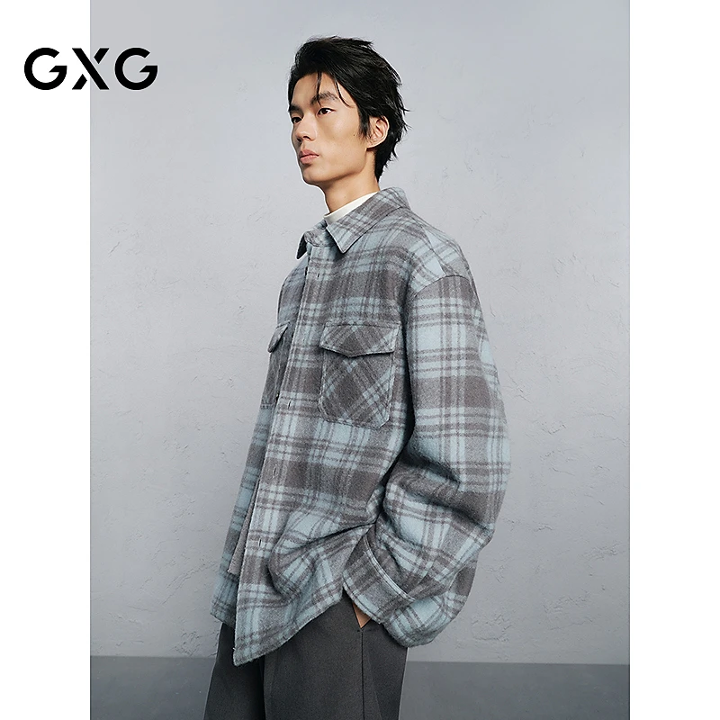GXG男装 商场同款蓝格宽松休闲通勤翻领大衣 24冬新品G24X064013