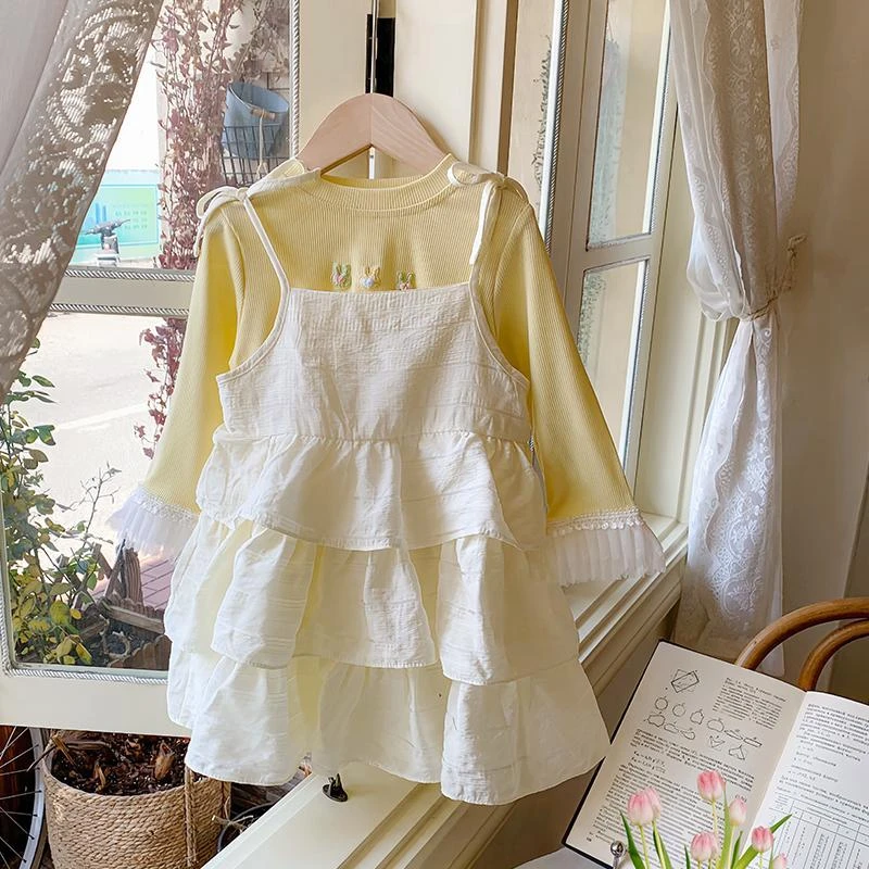 女童吊带蛋糕裙春夏秋女宝宝甜美兔子刺绣打底连衣裙