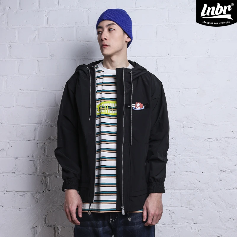 LNBR熊电春季黑色连帽拉链外套男个性百搭休闲宽松夹克大码