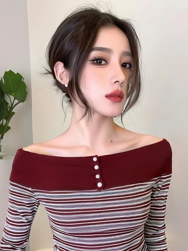 秋季韩系chic单穿上衣设计感小众松弛感一字肩红色条纹长袖t恤女