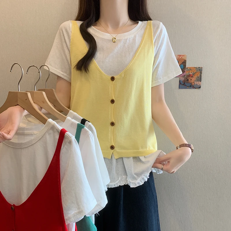 大码韩系针织吊带短袖上衣两件套2025夏季胖MM洋气减龄正肩女T恤