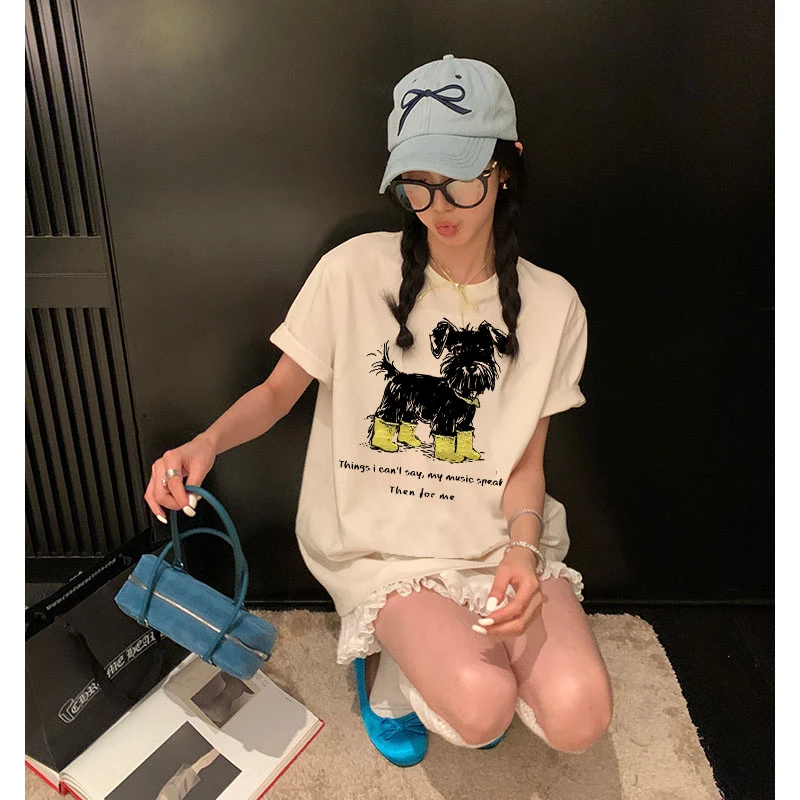 港味ins狗狗t新款夏季印花宽松圆领短袖T恤休闲情侣纯棉半袖上衣