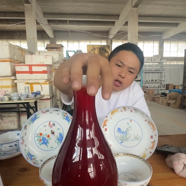 景德镇高温陶瓷玉壶春朗红大瓶1个