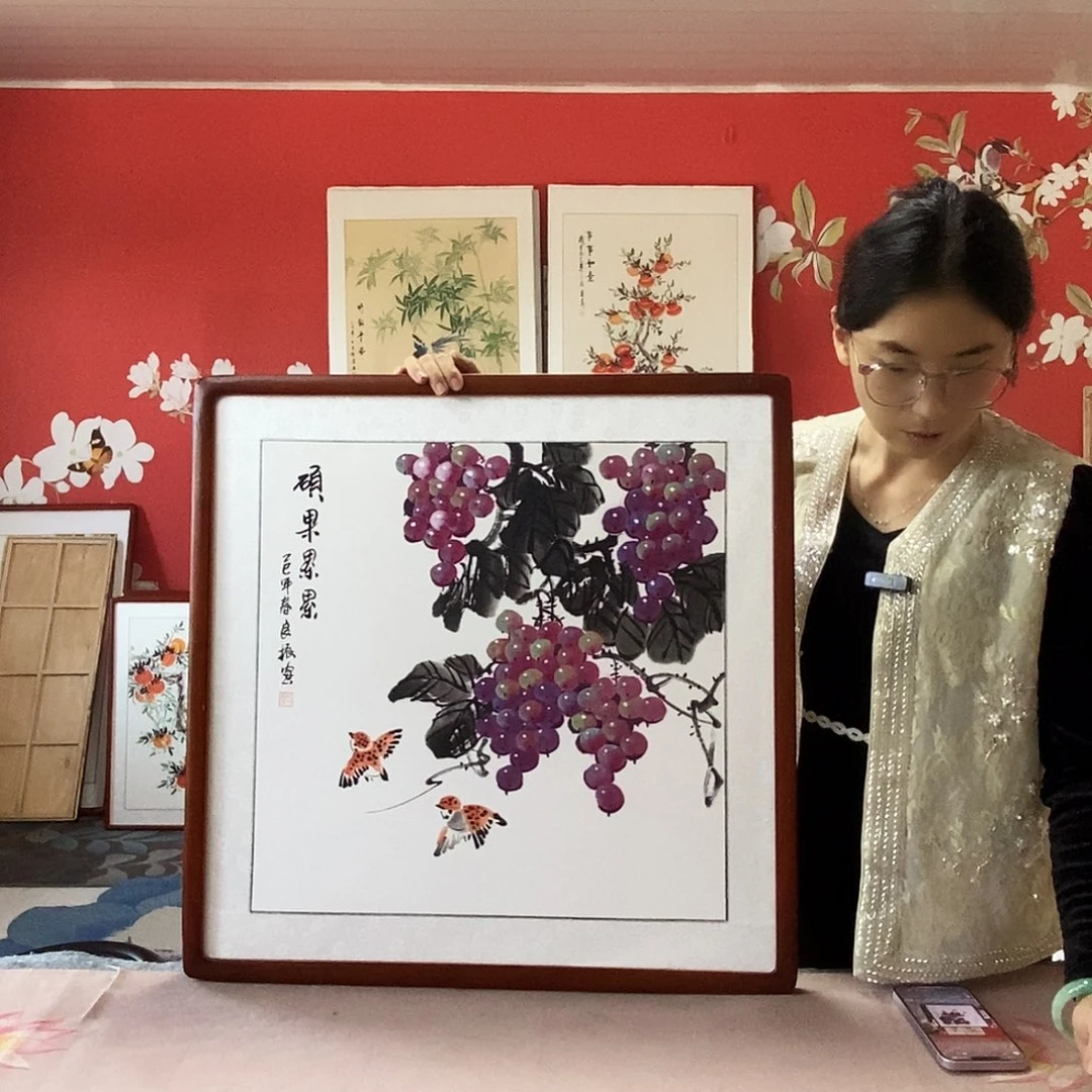 国画手写手绘带框包邮国画作品62✖️62