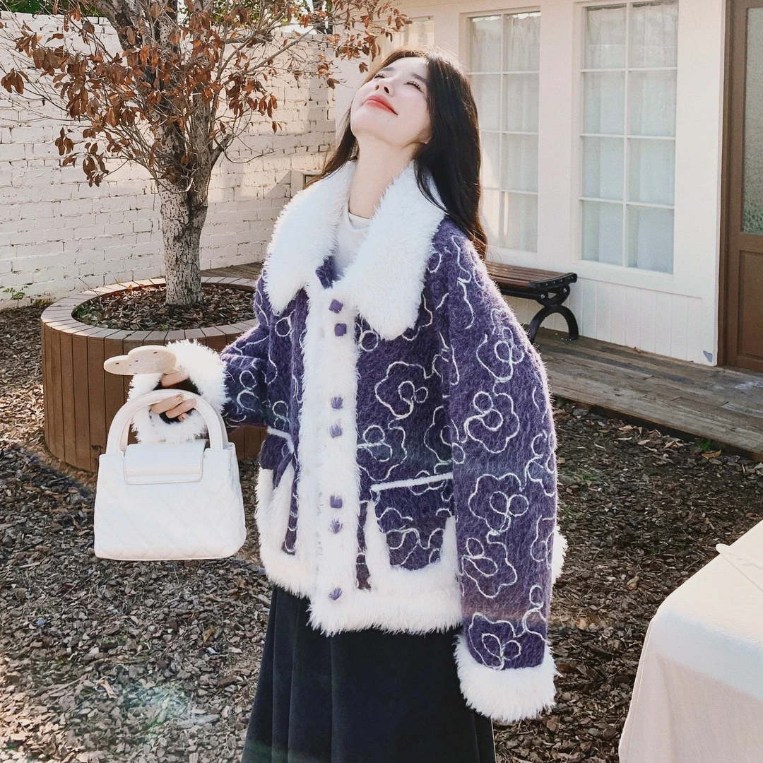 短款羊羔毛拼接毛呢外套女冬季新款超好看夹棉加绒小个子呢子大衣