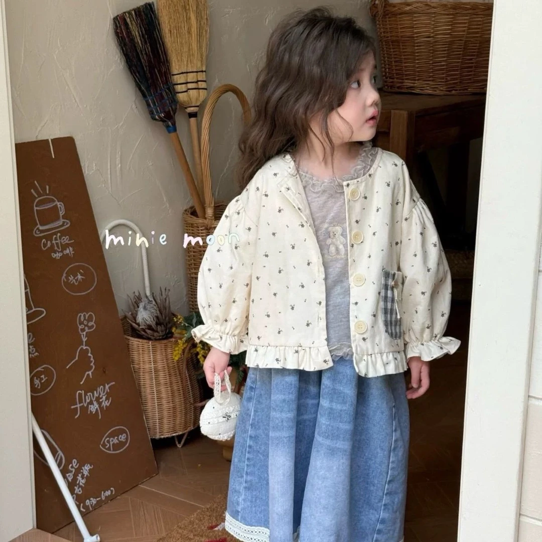 女童春装2025新款外套儿童宝宝洋气时髦甜美碎花格子口袋开衫上衣